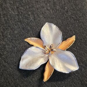Gold With Sterling Silver Tri Leaf Flower Brooch Vintage